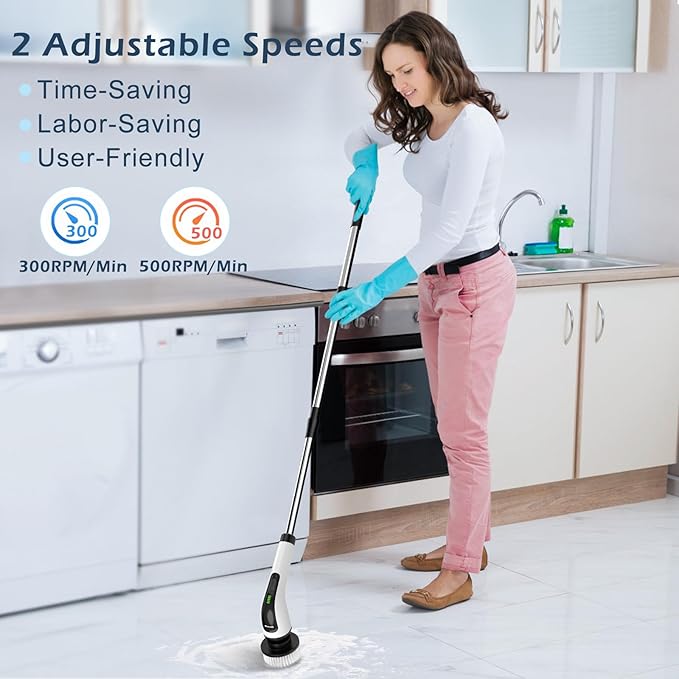 Electric Spin Scrubber Cordless Cleaning Brush Scrubber for Home 8 Replaceable Brush Heads-90Mins Work Time 3 Adjustable Size 2 Speeds for Bathroom Shower Bathtub Glass Car