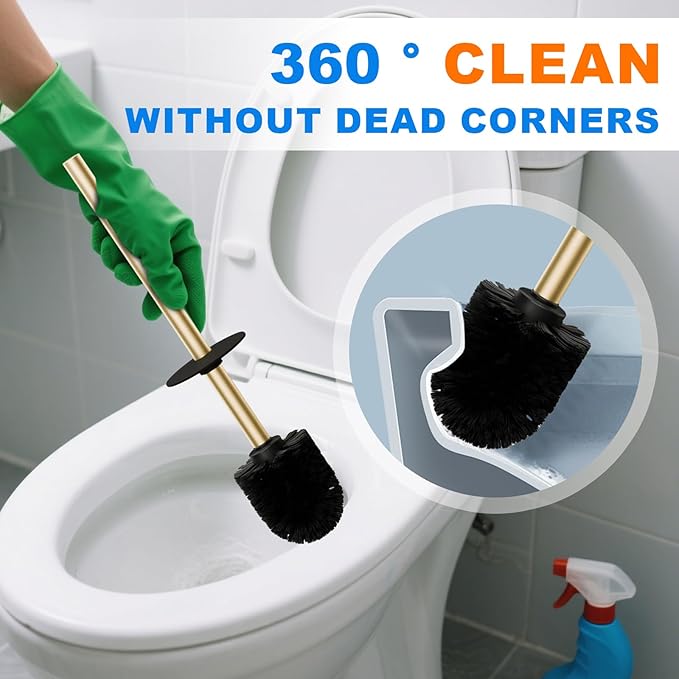 304 Stainless Steel Toilet Bowl Brush and Holder Set Circular Floor Toilet Brush Holder Long Handle Bathroom Heavy-Duty Cleaner High-End Cylinder Wall2 Brush Head (Brushed Gold) YIGUANXIN