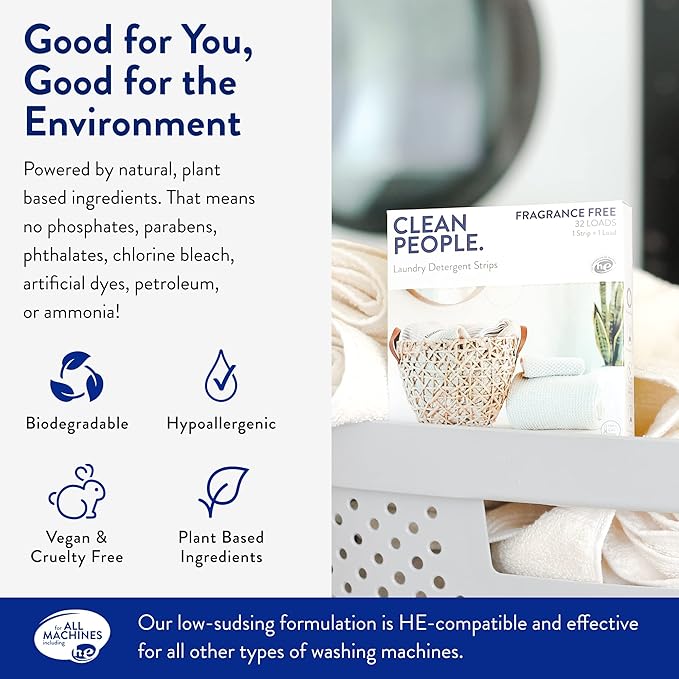 Clean People Ultra Concentrated Laundry Detergent Strips Fresh Scent &amp Stain Remover Spray- Plant-Based Eco Friendly Laundry Detergent 96ct &amp Stain Spray 4oz (2 Pack)