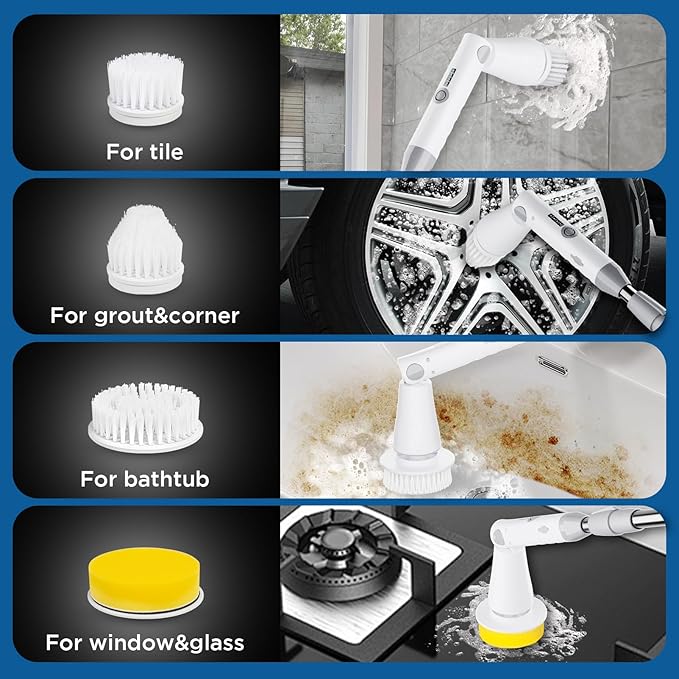 Electric Spin Scrubber Bathroom Cleaner Power Shower Cleaning Brush with Extendable Handle &amp 4 Brush Heads Shower Scrubber for Bathtub Tile Grout Kitchen Window and Floor