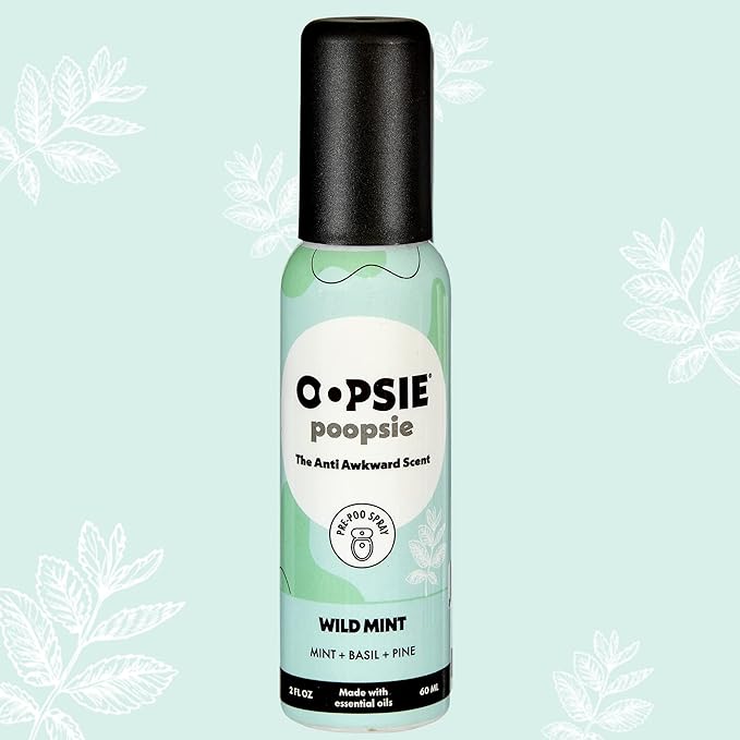 Oopsie Poopsie Pre Poop Spray - 4 Pack Natural Pre Poo Toilet Spray for Bathrooms Trap Odors &amp Eliminate Embarrassment 2oz Travel Size Pre Poo Air Freshener Spray (Wild Mint)