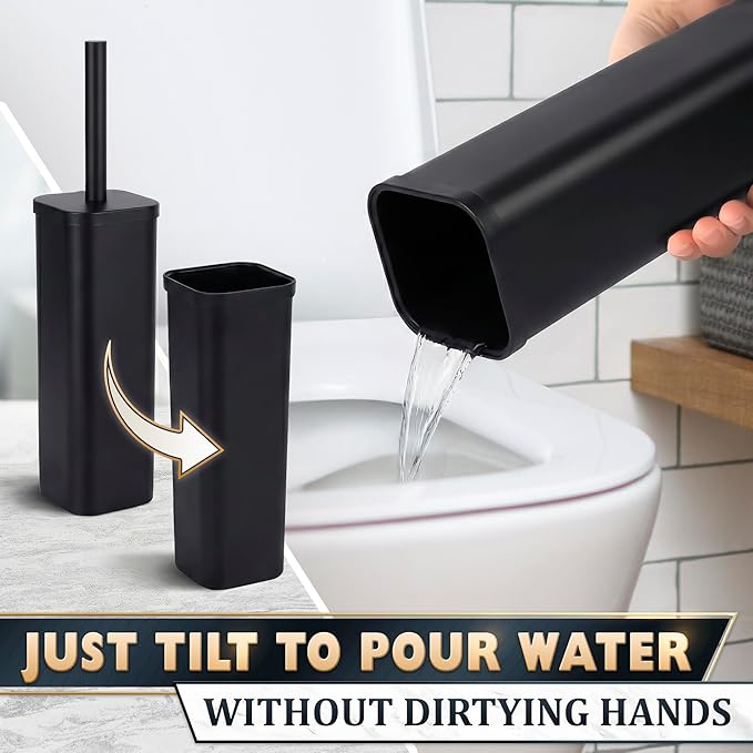 Black Toilet Brush with Square Stainless Steel Holder - Freestanding Toilet Brush and Holder Set Black - Removable Plastic Inner Cup Splash Guard Cover Replaceable Head Corrosion Resistant Finish