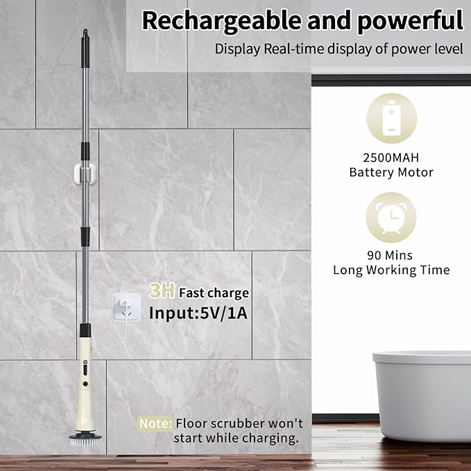 Electric Spin Scrubber Hillyfe Bath Scrubber for Cleaning with 7 Replaceable Brush Heads IPX7 Waterproof300/400 RPM 3 Adjustable SizeCordless Shower Cleaner Brush for Bathroom FloorBeige