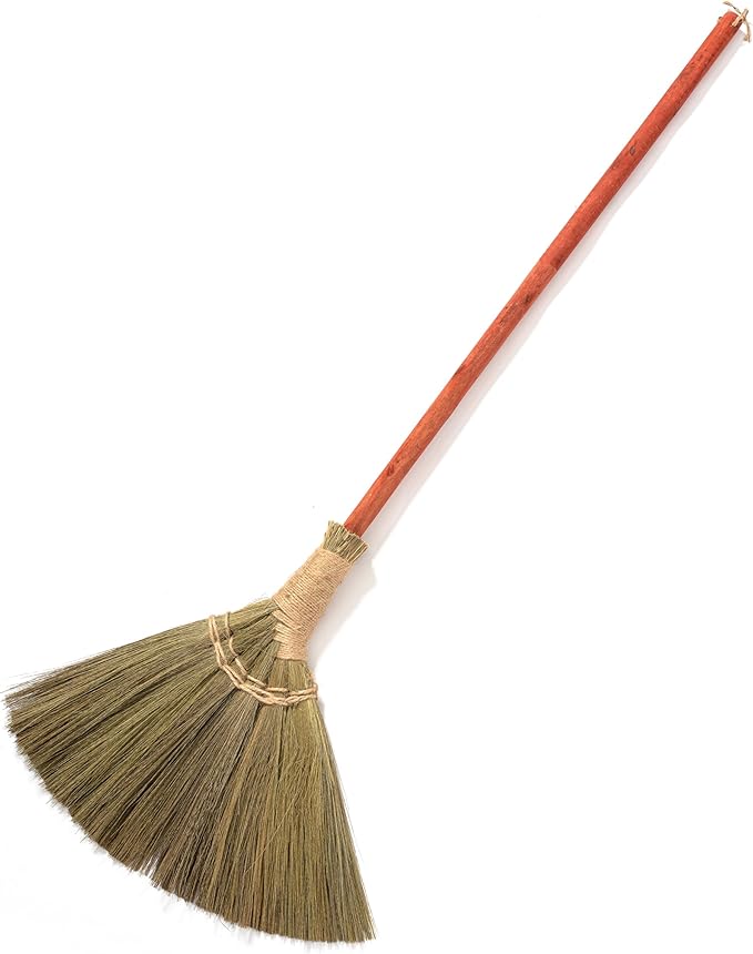 Vietnamese Natural Straw Broom – Handmade Soft Grass Broom for Indoor &amp Outdoor – Red Long Wooden Handle Broomstick for House Kitchen Garage – Wedding Jumping Broom with 46.46'' Length