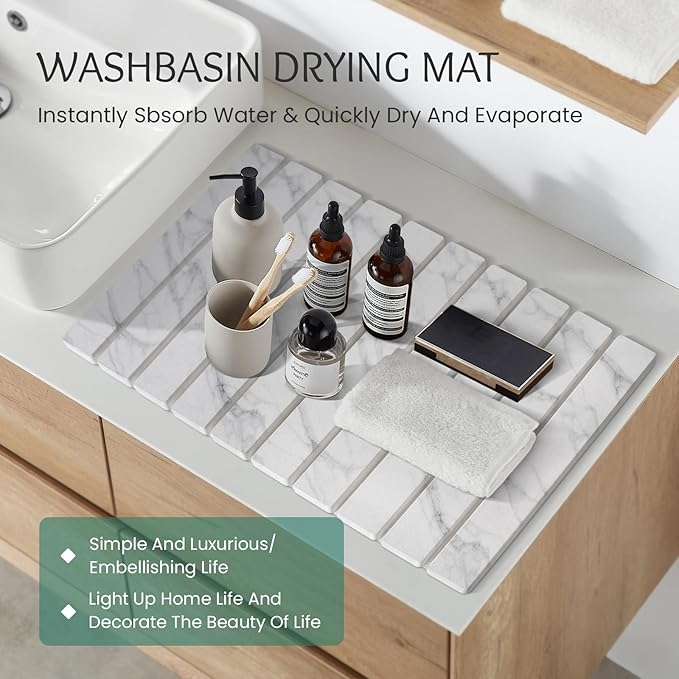 Stone Dish Drying Mat Collapsible Diatomaceous Earth Absorbent Mat Quick Dish Drying Pad Dish Rack Pad Match Any Counterto Multiple Usage for KitchenBathroom (White Marble Pattern 24L x 16W)