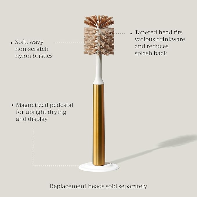 Ionic Bottle Brush Magnetized to Stand Upright Stainless Steel with Replaceable Head Brass/Gold