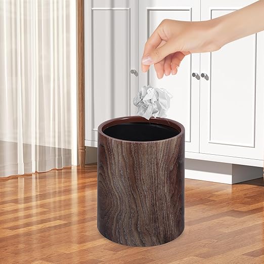 TOYANDONA Imitation Wood Grain Trash Can 8L Large Capacity Round Wastebasket Plastic Sturdy Home Kitchen Office Bedroom Bathroom Waste Container