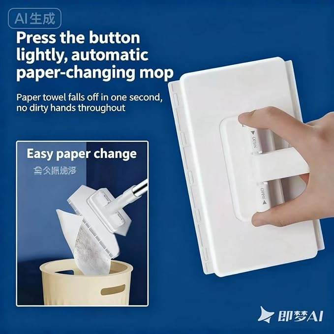 One-Button Press Mop with Automatic Paper Change System Extendable Handle White and Silver for Whole House Cleaning Floors Walls High Places