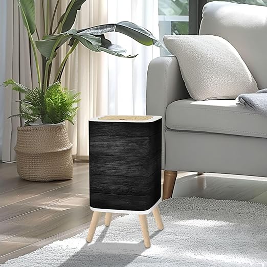 Small Trash Can with Lid Black Grey Wooden Plank wall Texture Old Natural Pattern 2.6 Gallon/10L Garbage Can Waste Bin with Pop-Up Lid Wood Legs Wastebasket for Bathroom Kitchen Bedroom