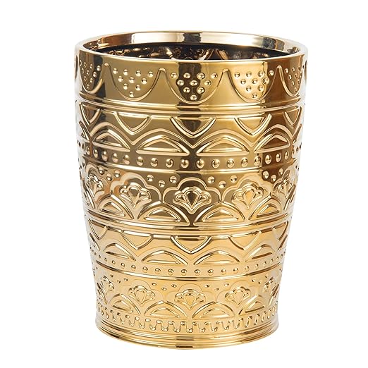Round Ceramic Small Trash Can Wastebasket Garbage Container Bin for Bathrooms Powder Rooms Kitchens Home Offices - Durable - Gold Christmas Decor