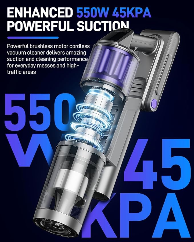 Cordless Vacuum Cleaner Vacuum Cleaners for Home 45KPA 550W Stick Handheld Portable 60 Mins Runtime Rechargeable Battery Pet Hair Hardwood Floor Vac Household Lightweight Hand Vac V10 Purple