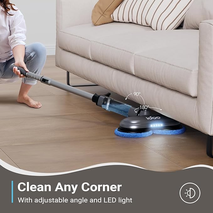 iDOO Cordless Electric Mop Rechargeable Spin Mop with Water Spray &amp LED Headlight Quiet Self Propelled Floor Cleaner Washable Pads &amp 350ml Water Tank Lightweight Floor Scrubber for All Flo