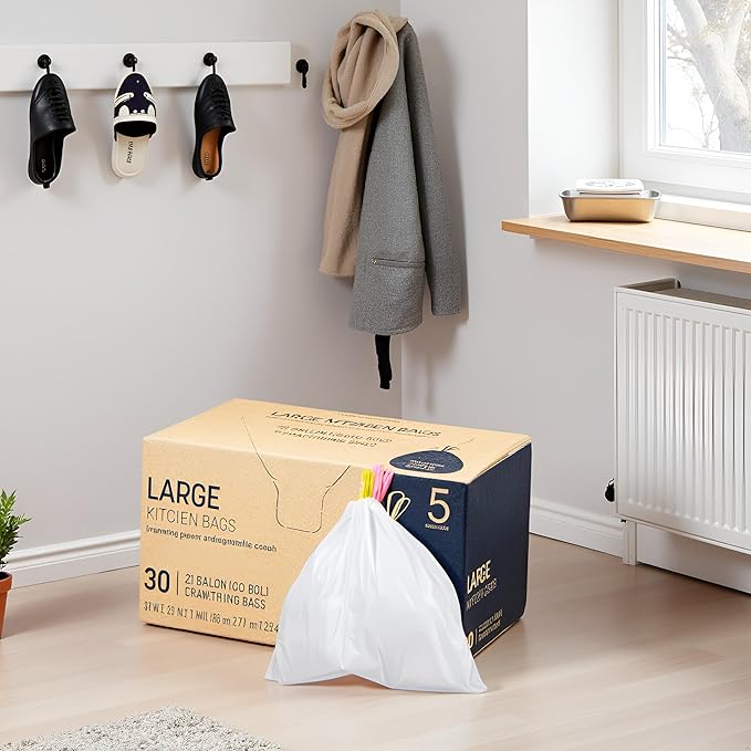 Trash Bags 30 Count White Drawstring Waste Bags | Leak-Resistant Tear-Resistant Unscented | For Bathroom Office Bedroom Bins (28.5×33.8in)