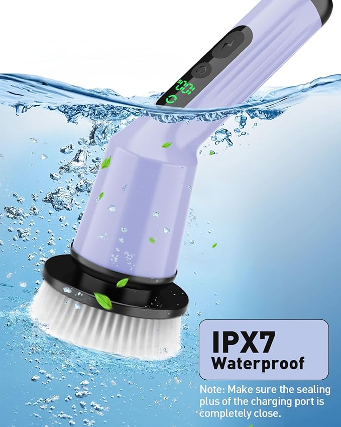 Electric Spin Scrubber for Cleaning Bathroom Shower Scrubber Cordless Cleaning Brush with IPX7 Waterproof &amp 2 Speed 3 Brush Heads Bathroom Cleaning Supplies for Shower Tub Tile Toilet Purple
