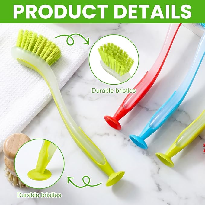 Boao 20 Pieces Long Dish Brush with Handle Assorted Color Dishwashing Brush with Suction Cup Multipurpose Cleaning Tool for Kitchen Toilet Etc