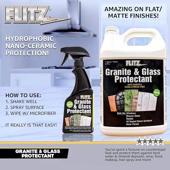 Flitz Granite &amp Glass Protectant - 16oz Bottle of USA-Made Granite Sealer and Glass Countertop Protector - Cleans &amp Prevents Liquid Stains &amp Others - Also Works on Marble &amp All Metal