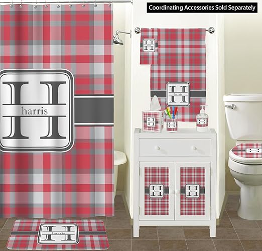Personalized Red &amp Gray Plaid Waste Basket - Double Sided (Black)