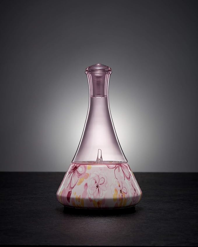 Opulence - Nebulizing Diffuser for Essential Oil/Aromatherapy with Pink Floral Ceramic Base and Pink Hand-Blown Glass with Touch Sensor Light Switch - No Heat No Water No Plastic