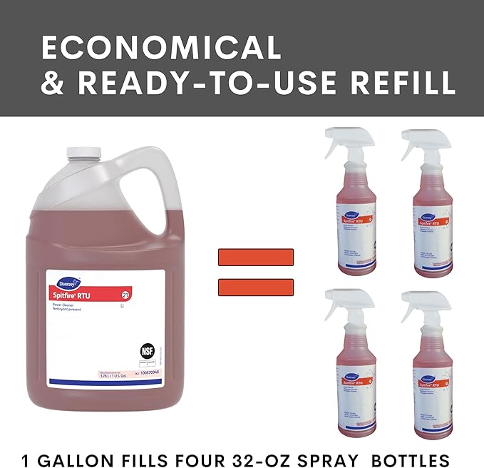 Spitfire Diversey SC 100870948 RTU Liquid Power All-Purpose Cleaner Heavy Duty Degreaser for Shops &amp Kitchens Pine Scent Ready-to-Use Refill 1-Gallon (Pack of 4)