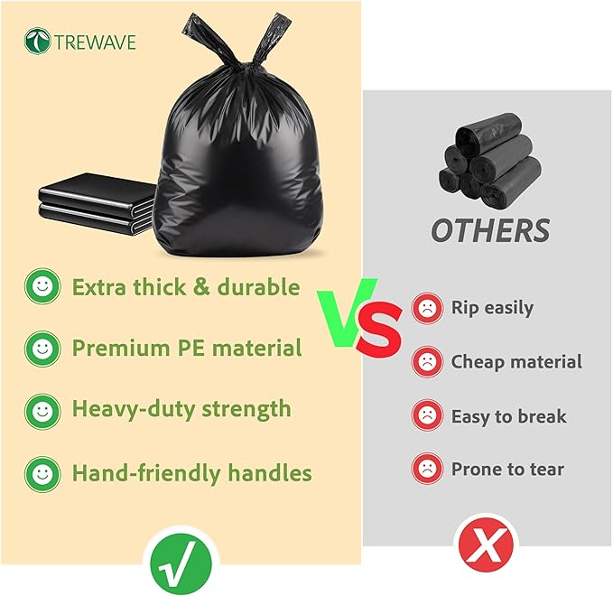TREWAVE 100 Count 55-60 Gallon Trash Bags with Handles Heavy-Duty Thick Large Black Garbage Bags 50 Mic Jumbo Size Plastic T Shirt Bag for Outdoor Yard Construction Industrial and Commercial Use