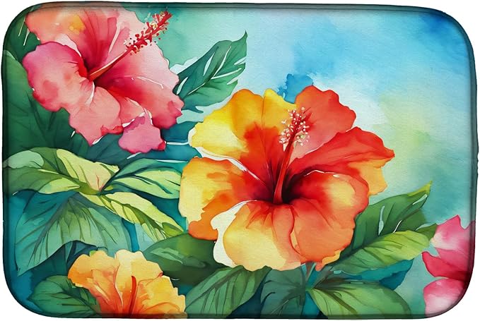 Caroline's Treasures DAC1641DDM Hawaii Hawaiian Hibiscus in Watercolor Dish Drying Mat Absorbent Dish Drying Mat Pad for Kitchen Counter Dish Drainer Mat for Countertop 14 x 21 Multicolor