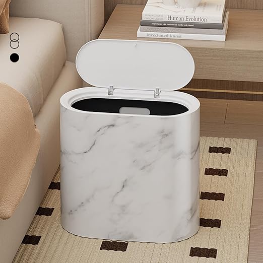 Waste Basket for Bathroom with Lids Plastic Marble Wood Pattern Trash Can Small Garbage Bin with Lid for Bathroom Narrow Waste Basket Modern Waste Basket for Home (White-11.6 * 11.2'')