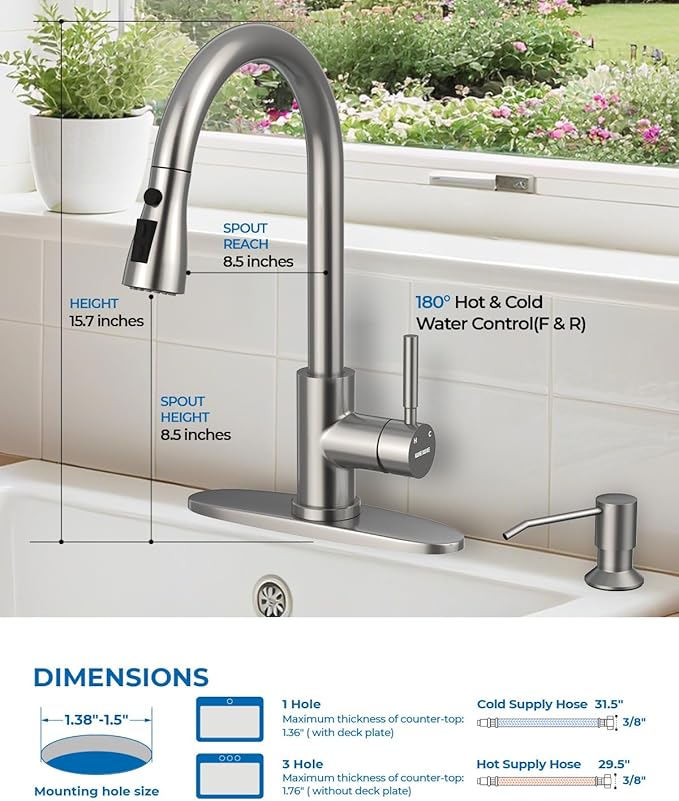 WEWE Kitchen Faucet with Soap Dispenser and Pull Down Sprayer RV Single Handle Classic 3 Modes Stainless Steel Faucet for Kitchen Sink RV Stainless Steel