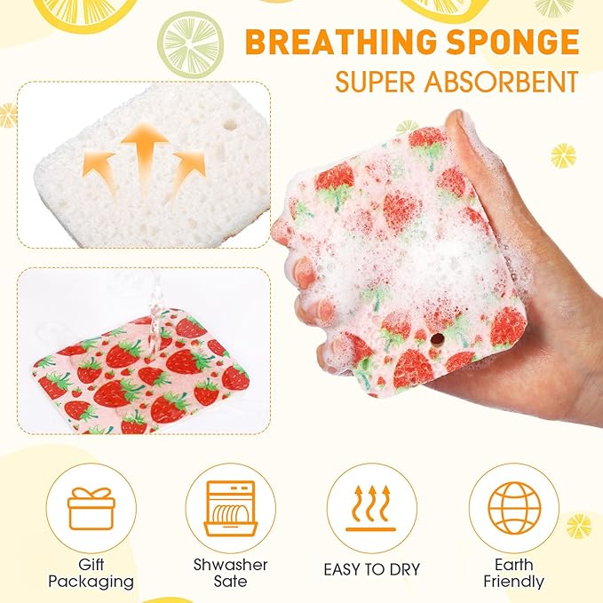 Maxdot 50 Counts Compressed Cellulose Sponges Bulk Fruits Pattern Natural Kitchen Compostable Non Scratch Dish Sponges for Washing DishesCleaning Countertop SinkKids DIY