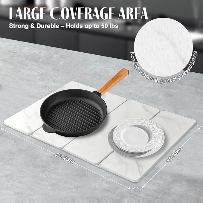 Large Stone Dish Drying Mats for Kitchen Counter 24(L)×16(W) Marble pattern Drying Collapsible Dish Drying Mat Eco-Friendly Absorbent Diatomaceous Earth Mats for Dishes Bottles Cups