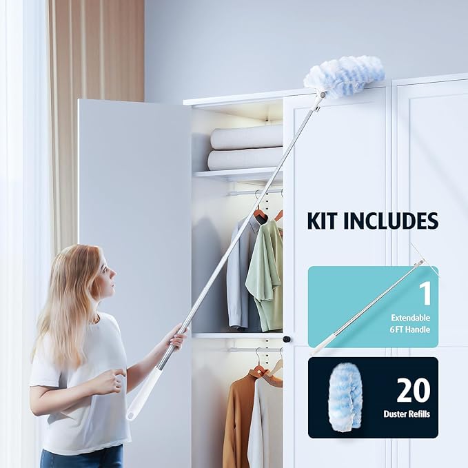 6 ft Extendable Duster Handle with 20 Refills Compatible with Swiffer Disposable Microfiber Dusting Pads for Home Cleaning Ceiling Fan Window Hard-to-Reach Areas