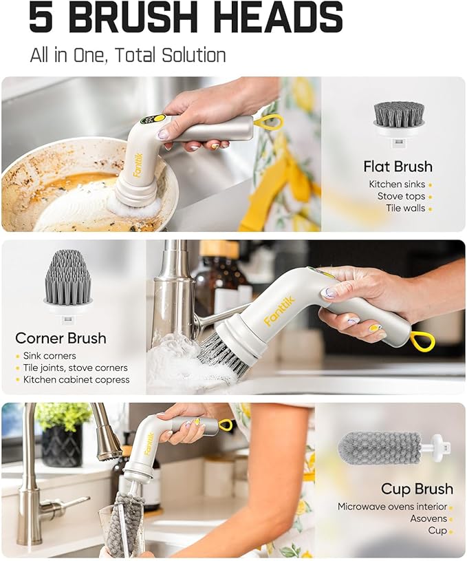 Fanttik G9 Handy Cordless Electric Spin Scrubber MagnaStorm Motor Dual-Speed 5 Brush Heads LED Display IPX7 Waterproof 2500mAh with Type-C Charging for Kitchen Sink Tile Stove- White