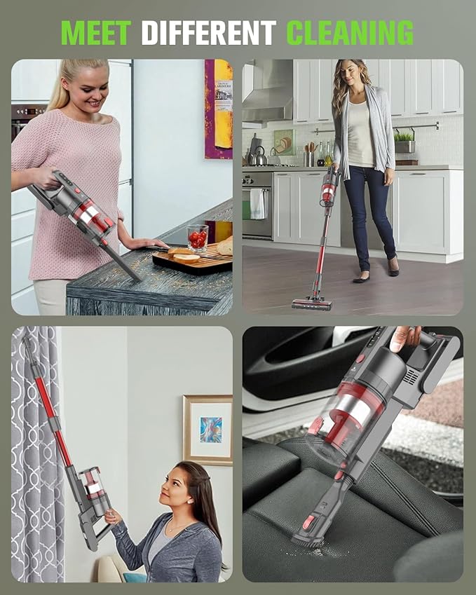 Cordless Vacuum Cleaner 85000PRM Upgraded Dual Suction Cordless Stick Vacuum up to 35mins Runtime Lightweight Rechargeable Vacuum for Home (Bright Red)