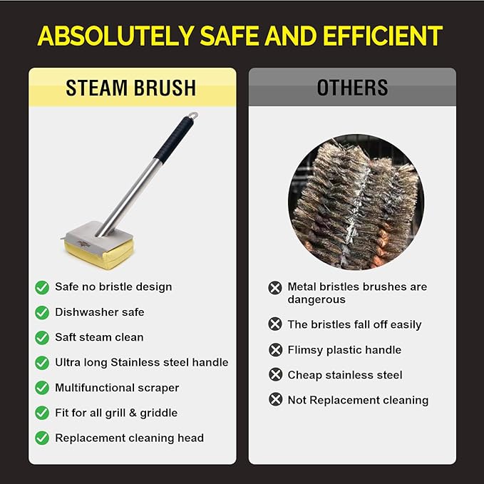 Grill Brush Bristle FreeBBQ Replaceable Scraper Cleaning HeadSafe Grill Accessories for Cast Iron Grates/Porcelain/Weber Gas/Charcoal GrillGrill Brush for Outdoor Grill-Yellow