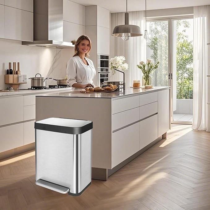 10 Gallon Ktichen Trash Can with Lid Stainless Steel Trash Can with Removable Inner Bucket Soft Close Lid Step-On Pedal Bin for Kitchen Office Bathroom