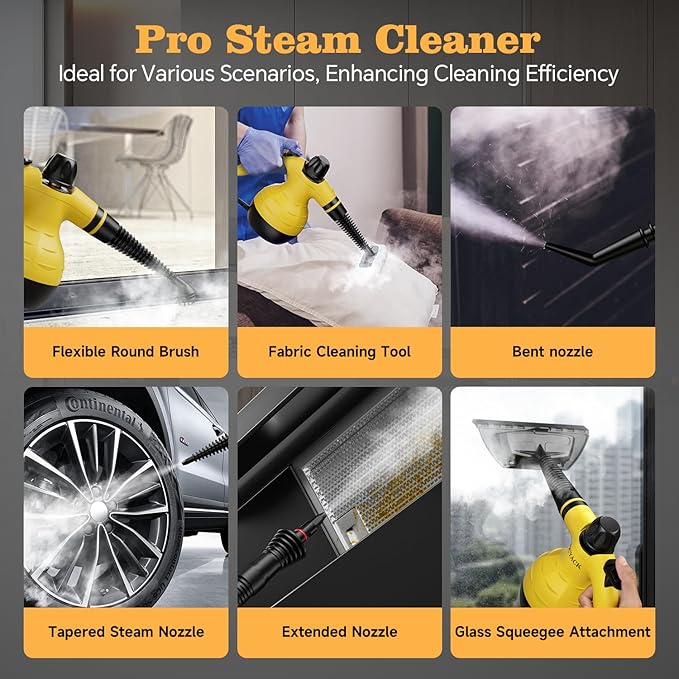 Steam Cleaner Handheld Steam Cleaner for Home 16-Piece Steam Cleaner Kit with Automatic Steam Switch Steamer for Kitchen Bathroom Living Room and Multi-Surface Deep Cleaning(Yellow)
