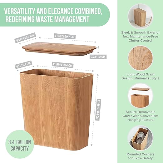 Light Wood Grain Indoor Trash Can w/Removable Cover - 3.4-Gallon Modern Waste Bin for Office Bedroom Bathroom - Slim Garbage Basket with Plastic Trash Bag Holder - Covered Diaper Trash Can