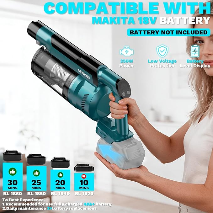 Cordless Vacuum Cleaner compatible with Makita 18V Battery 8-in-1 Stick Vacuum with Pet Brush 35KPA Suction 350W Brushless Motor Smart Touchscreen for Carpet Floor Car (Battery Not Included)