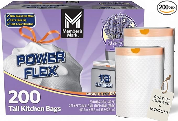 Member-Mark PowerFlex 13 Gallon Lavender-Scented Tall Kitchen Trash Bags 200 Count with Durable Drawstring Closure Custom Bundled by MOOCHI