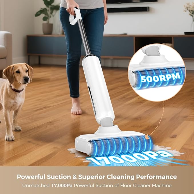 Wet Dry Vacuum Cleaner 17000Pa Cordless Vacuum Mop Combo for Hard Floors 180° Lay-Flat Design with Edge Cleaning Self-Cleaning Floor Washer Up to 45 Min Runtime LED Display &amp Voice Prompts