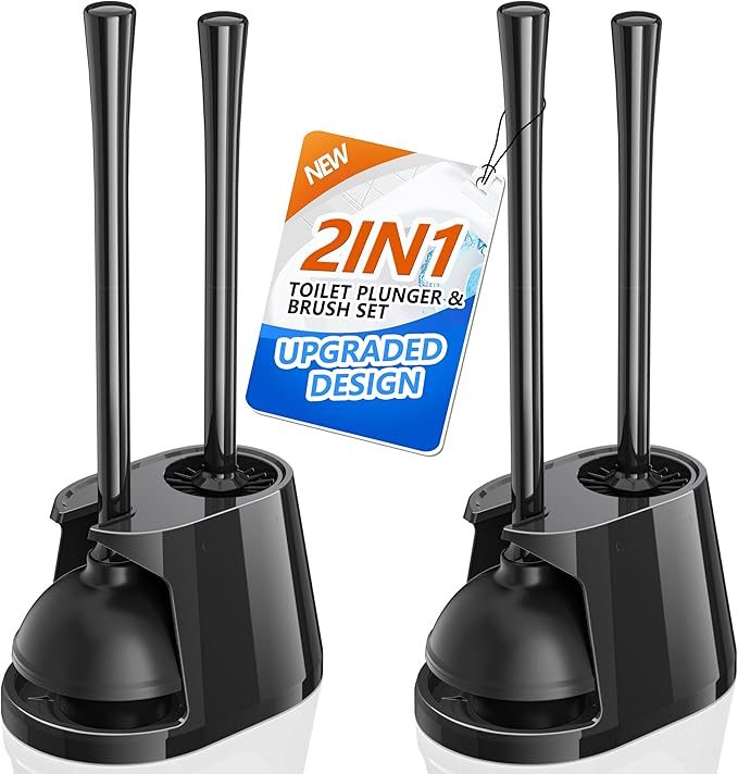 Toilet Plunger and Brush Set 2 Pack Bowl Brush and Heavy Duty Toilet Plunger with Ventilated Holder 2-in-1 Toilet Brush and Plunger Combo for 5.3-inch Toilet Drain Bathroom Deeply Cleaning(Black)