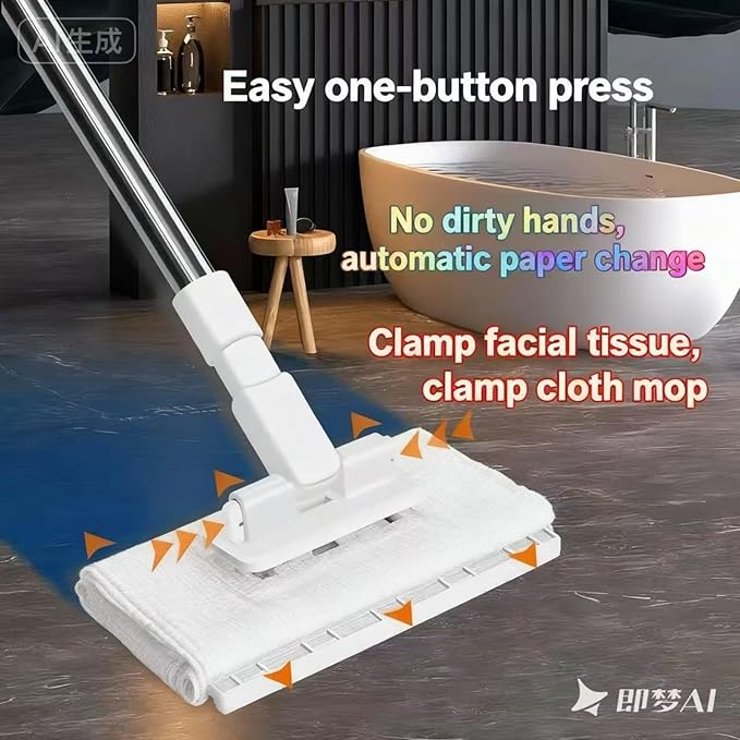 One-Button Press Mop with Automatic Paper Change System Extendable Handle White and Silver for Whole House Cleaning Floors Walls High Places