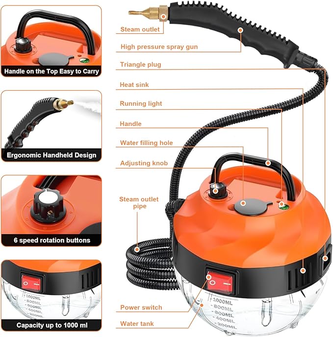 Steam Cleaner Pressurized Handheld Steam Cleaner for Home 10s Heat Up Multipurpose Steamer for Cleaning Floor/Home/Car/Bathroom/Shower/Upholstery/Grout/Window/Grease 6 Steam Adjustable