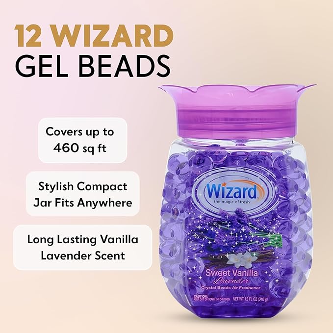 WIZARD Odor Eliminator Gel Beads - 12 oz Pack of 12 - Air Freshners For Bathroom. Rooms Per Areas and Car Freshner (VANILLA LAVENDER)