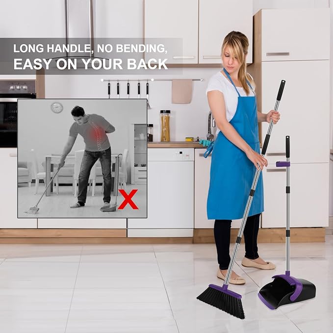Broom and Dustpan Set Large Household Dustpans and Broom with 55 Inch Long Handle Pueple Broom with Dustpan Combo Set for Home