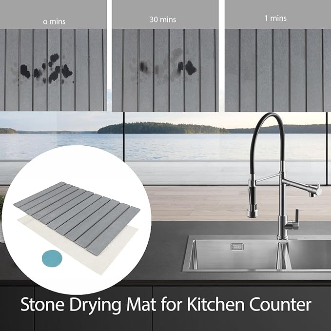 Foldable Stone Dish Drying Mat 24(L)×16(W) Fast Dry Water-Absorbent Collapsibl Eco-Friendly Diatomaceous Earth Dish Drying Mats for Dishes Cookware Cups Fits Any Countertop Gery