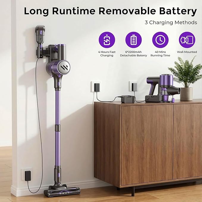 Cordless Vacuum CleanerVacuum Cleaner for Home with Brushless MotorLightweight Stick Vacuum with Self-Standing and Touch ScreenHardwood Floor Vacuum for Pet HairCarpetsTile(Deep Purple)