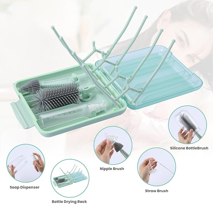 Rrwin Bottle Brush Cleaner Kit with Baby Bottle Drying Rack Exendable Silicone Bottle Brush Nipple Brush Straw Brush Soap Dispenser &amp Storage Box. Compact Size for Babies and MomsGreen