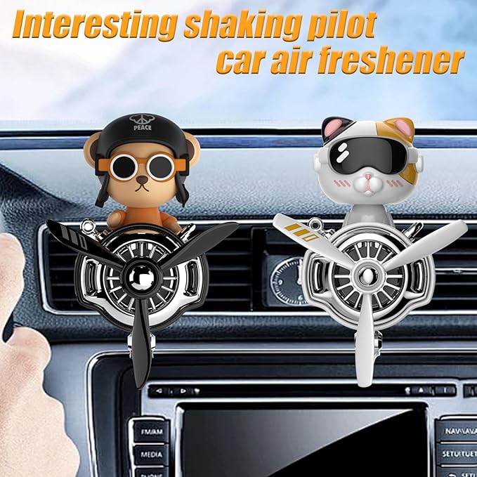 2Pcs Car Air Fresheners Cute Bear Pilot Automotive Air Outlet Creative Car Perfume Diffuser Automotive Accessories Air Vent Decoration with 8 Fragrant Tablets (Silver 3+Black 4)