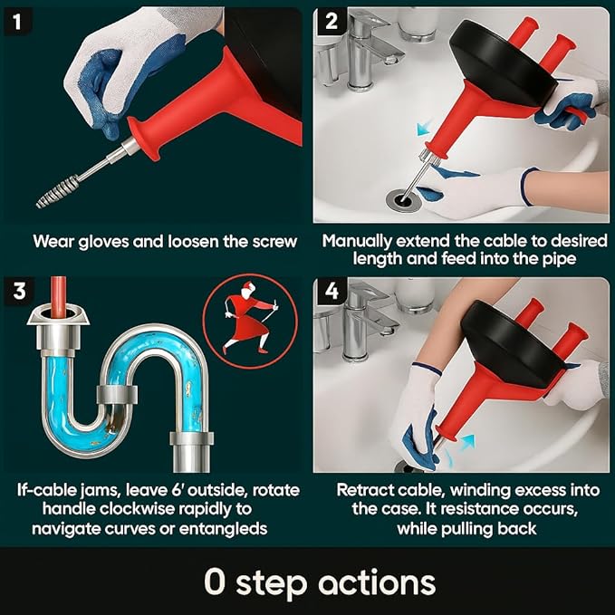 50 FT Drain Snake Hair Drain Clog Remover Manual Or Powered Plumbing Snake With Drill AdapteUnclog Sink Drain Tool Drain Auger for Toilet、Shower、Kitchen、Sink No Auto Retract Or Feed Red