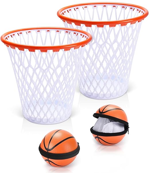 Set of 2 Basketball Trash Can - 2 Zippered Shooting Balls - Perfect Basketball Gift - Boys Room Decor - Easter basket for Dorm or Home Office - Kids Bedroom Wastebasket - Sport Party- Size 12x12x12